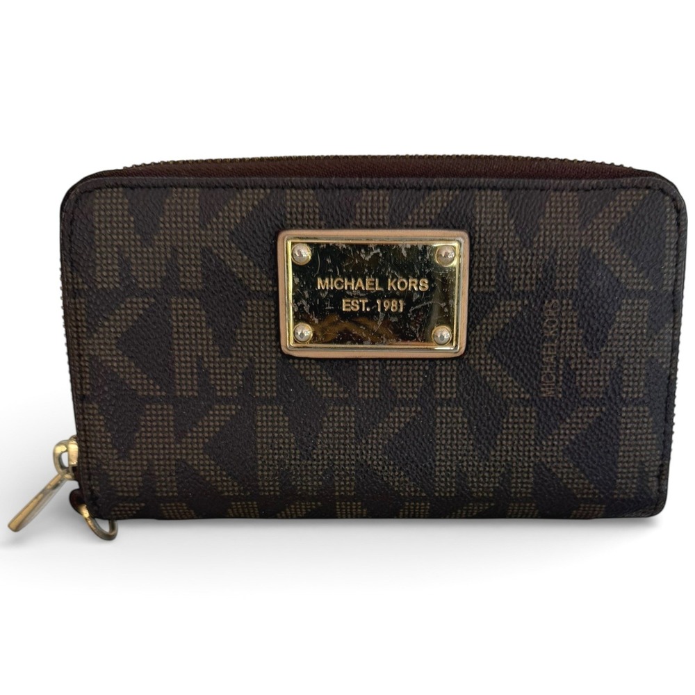 Michael Kors Brown MK Logo Medium Zip Around Wallet Gold Tone Plaque